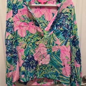 Lilly Pulitzer Tropical Floral Blouse - Pink, Green, and Blue